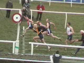 David Grieve winning the 90 metres Veterans Handicap.