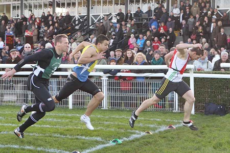 William Martin (red bib) winning third cross-tie from Steven Charters (green bin) and Seb Harrison (yellow bib).