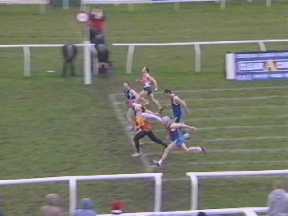Eric Smart in lane 3 (lane 1 nearest camera) winning the Veterans final from J. Robertson (lane 5) and B. Douglas (lane 2) in a blanket finish.