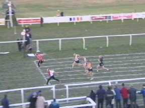 J. Bryce (wearing white bib) beating B. Douglas in the 90m Veterans final.